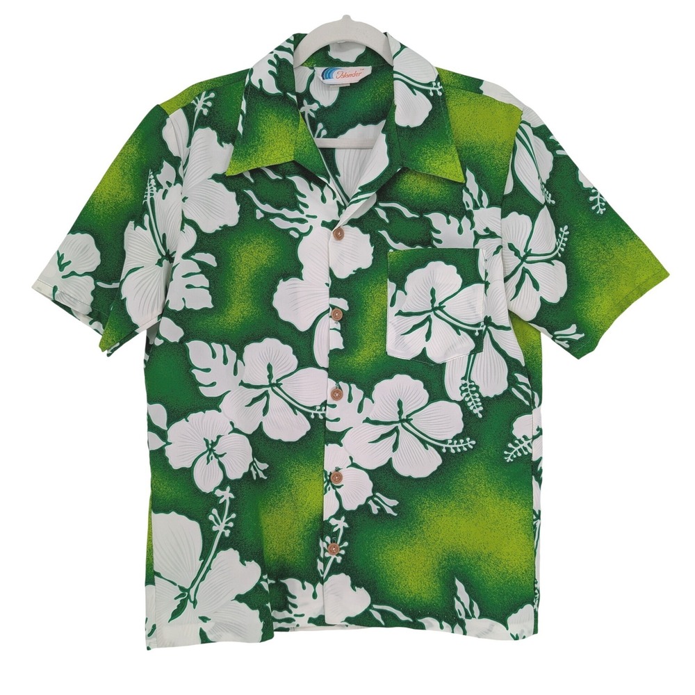 VTG Islander Hawaiian Shirt Mens M Green White Floral Hibiscus Tropical Aloha